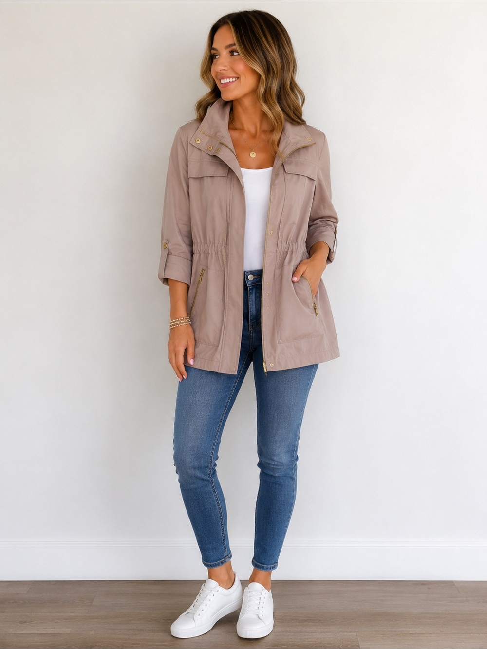 Ali Ro Size 2 Taupe Hooded Utility Jacket Gold Hardware Lightweight Parka